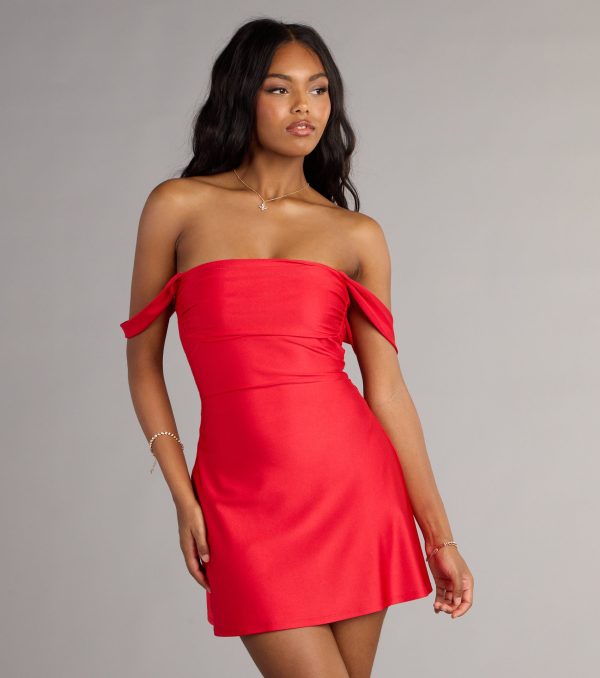 Classics Lover Off-The-Shoulder Satin A-Line Mini Dress - Image 29