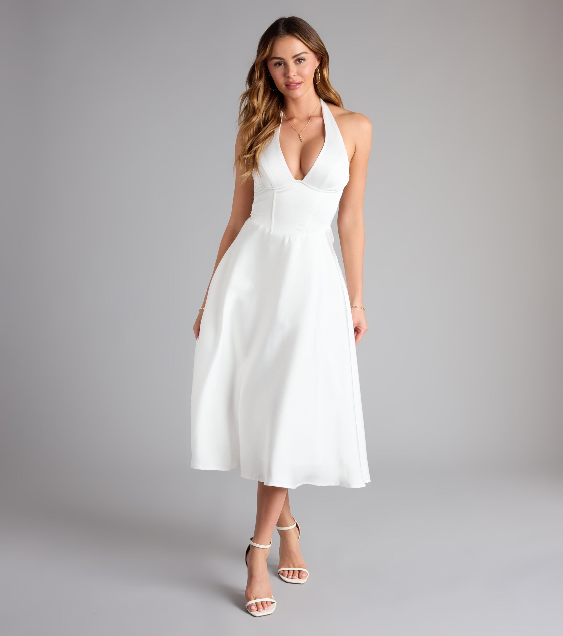 Love At First Twirl Halter Corset Satin Midi Dress