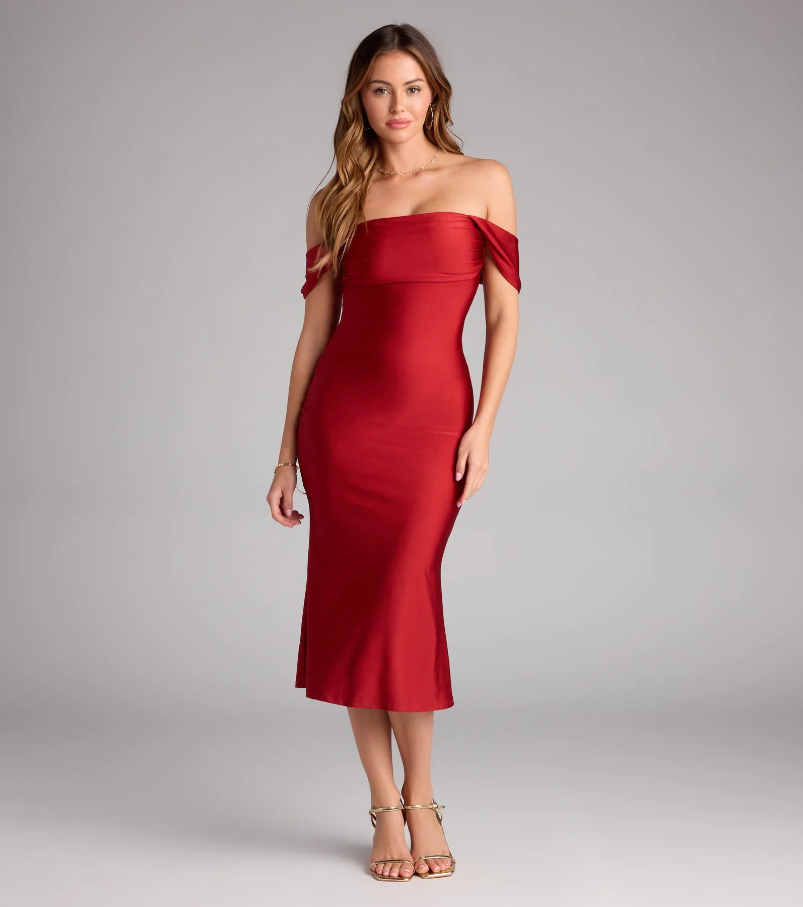 Exceptional Off-The-Shoulder Flared Midi Dress - Image 29