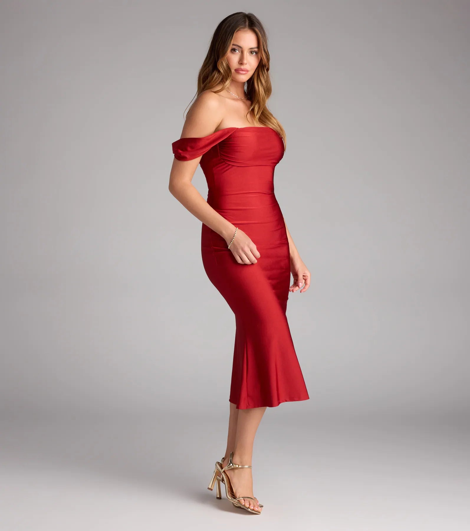 Exceptional Off-The-Shoulder Flared Midi Dress - Image 32