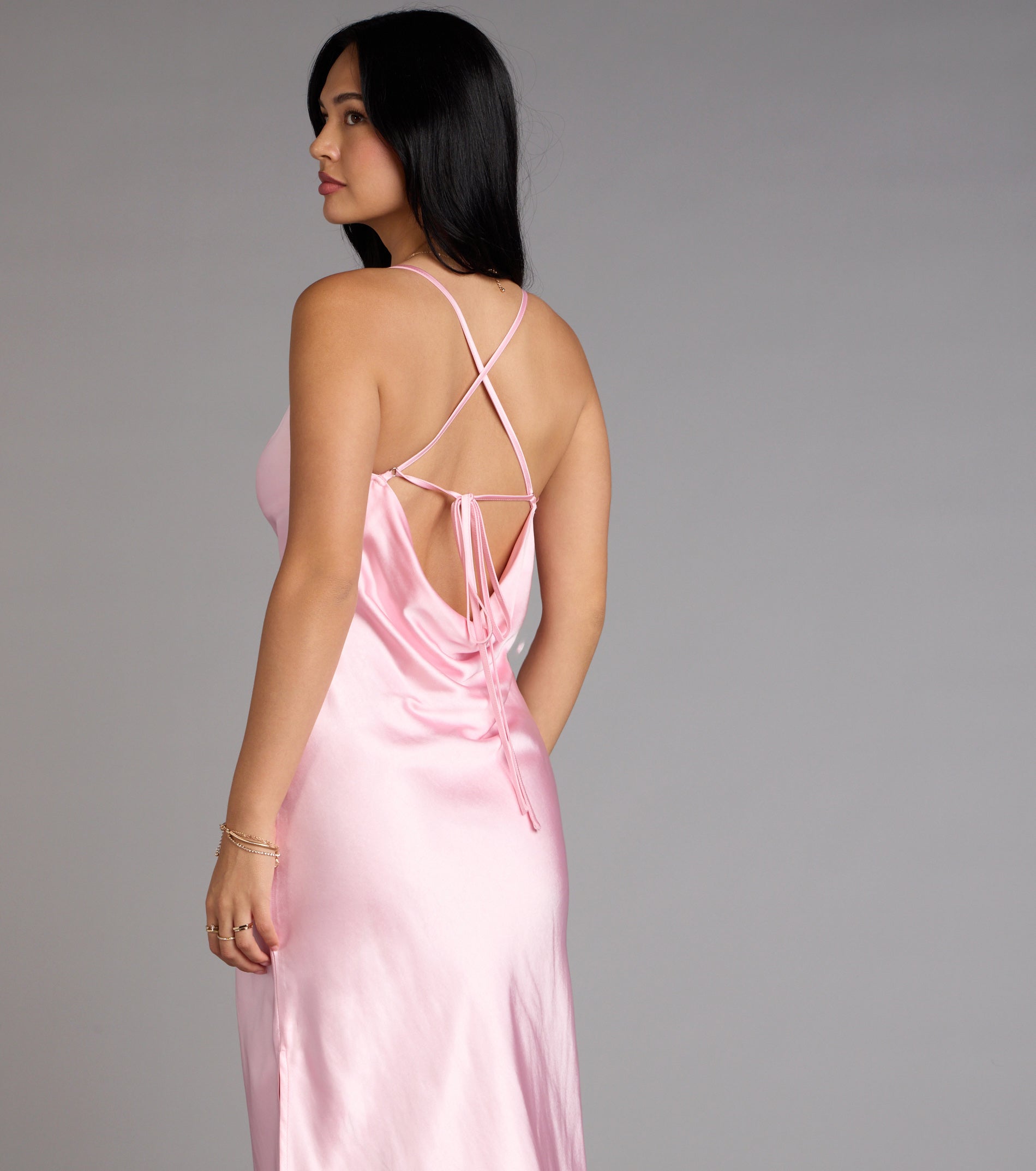 Dreamy Luxe Satin Strappy Back Midi Dress - Image 3
