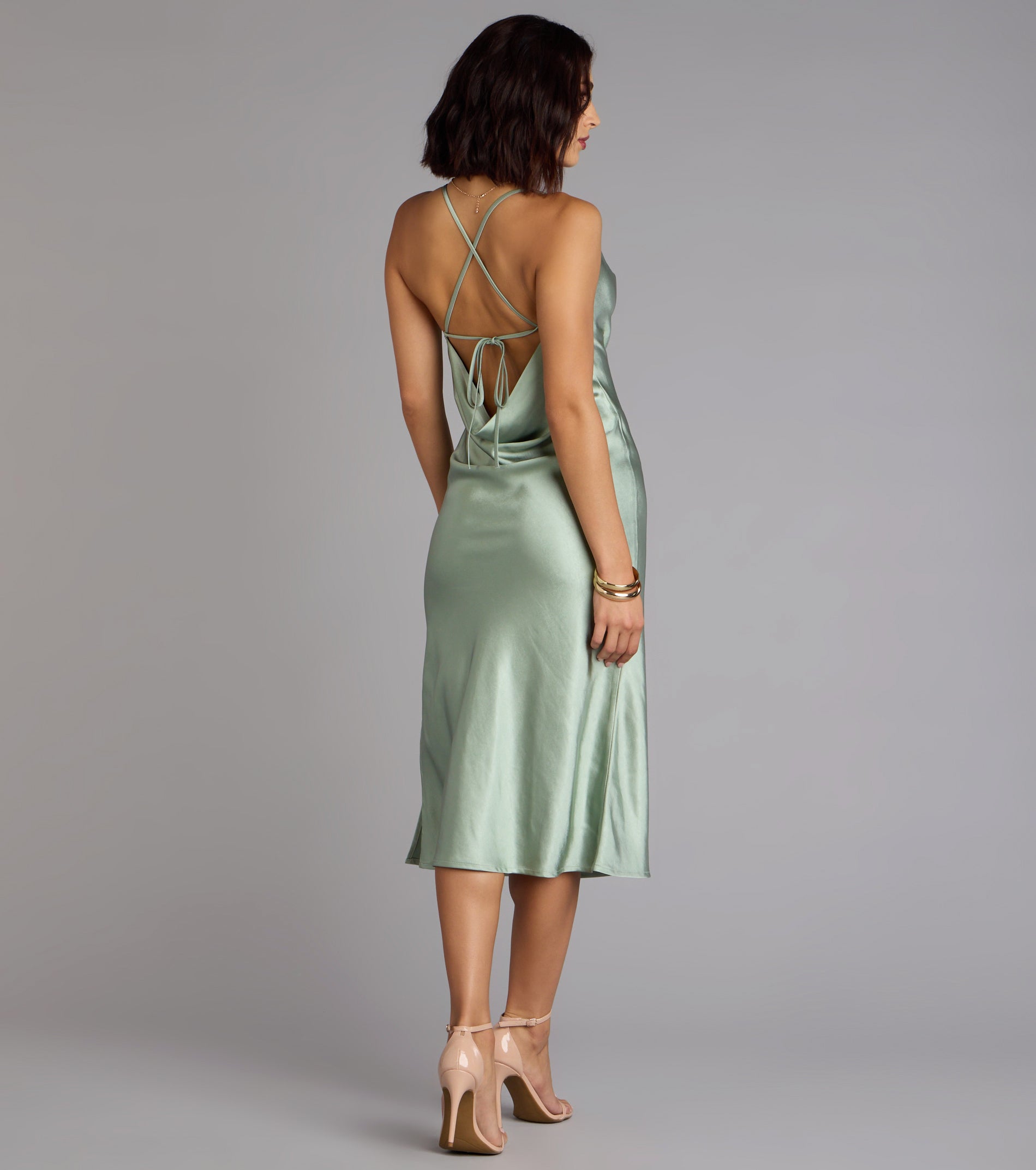 Dreamy Luxe Satin Strappy Back Midi Dress - Image 6