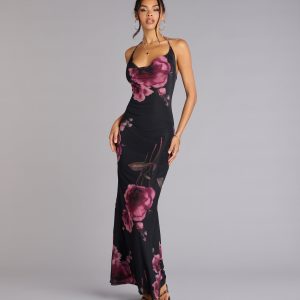 Rooftop Romance Floral Mesh Halter Maxi Dress