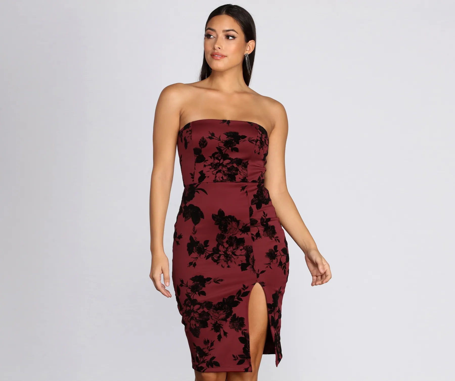 Budding Romance Flocked Tube Midi Dress - Image 3