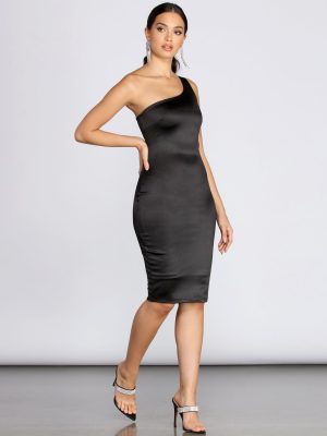 One Sleeve Satin Midi Dress