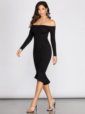 Off Shoulder Trumpet Hem Midi Dress
