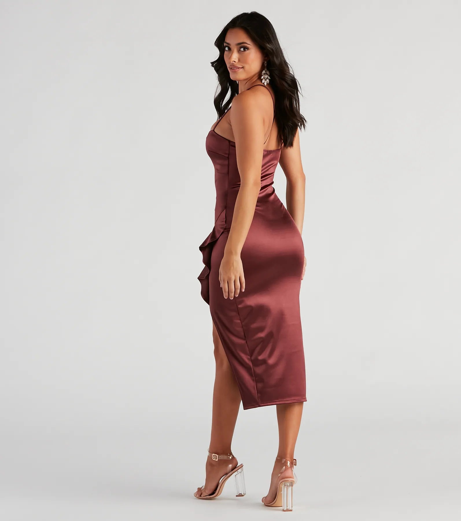 Dinner Party Satin Ruffle Midi Dress - Image 10
