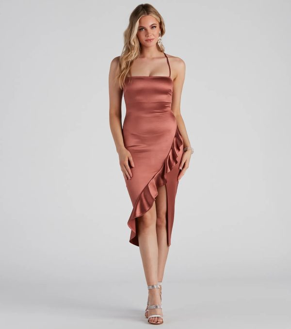 Dinner Party Satin Ruffle Midi Dress - Image 13