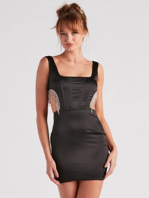 Glam Stunner Rhinestone Trim Satin Mini Dress