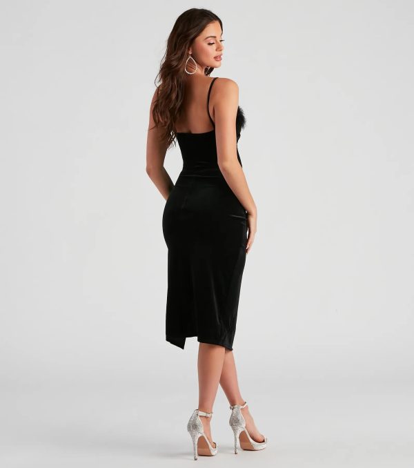 Luxe Affair Feather Trim Velvet Midi Dress - Image 2