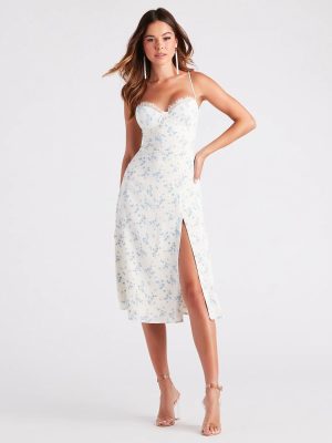 Lovely In Floral Lace Trim Midi Dress