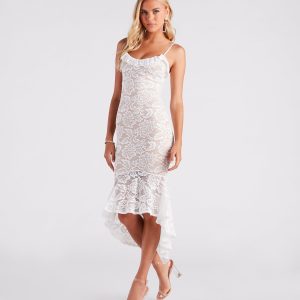 Romance Alert Lace Ruffle High-Low Midi Dress