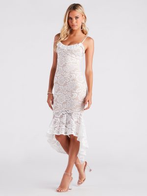 Romance Alert Lace Ruffle High-Low Midi Dress