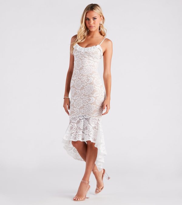 Romance Alert Lace Ruffle High-Low Midi Dress