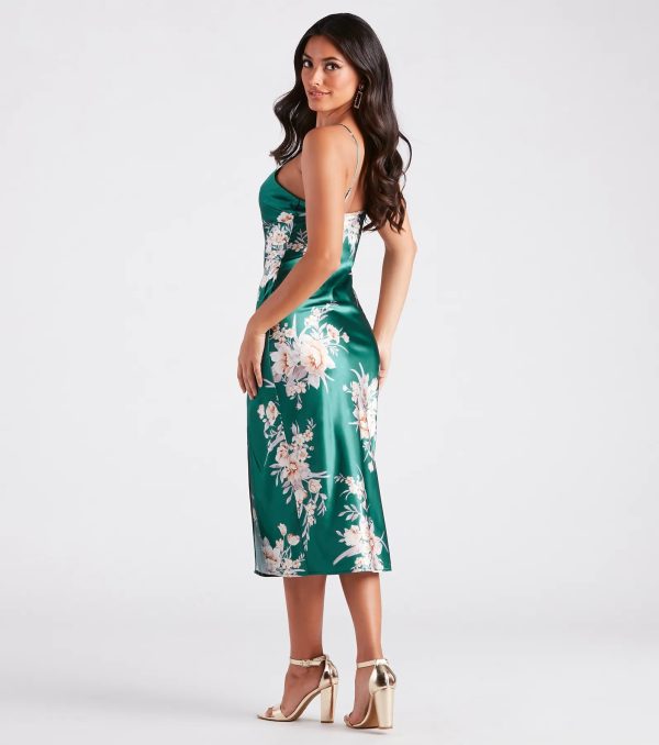 Gorgeous And Chic Floral Satin Midi Dress - Image 2