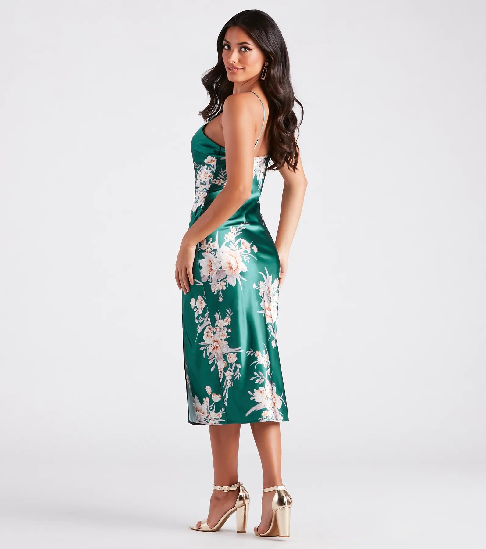 Gorgeous And Chic Floral Satin Midi Dress - Image 2