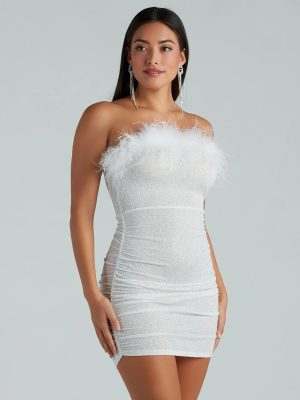 Radiant Glow Feather Trim Glitter Mini Dress