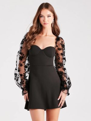 New Romance Crepe Floral Velvet Skater Dress