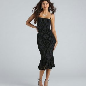 Step Out In Flocked Velvet Ruffle Midi Dress