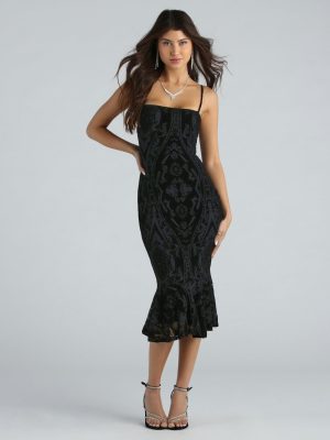 Step Out In Flocked Velvet Ruffle Midi Dress