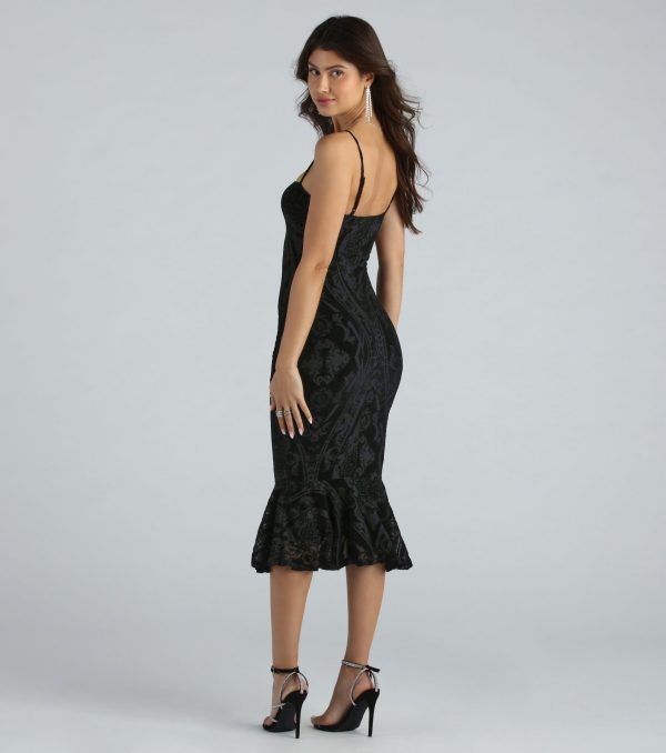 Step Out In Flocked Velvet Ruffle Midi Dress - Image 2