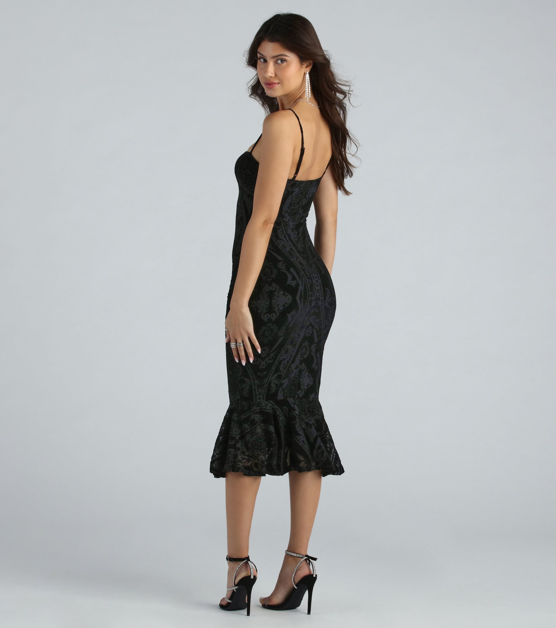 Step Out In Flocked Velvet Ruffle Midi Dress - Image 2
