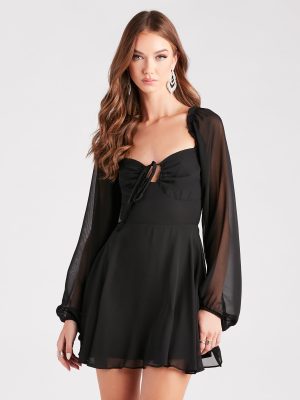 Fliratious Flair Long Sleeve Chiffon Skater Dress