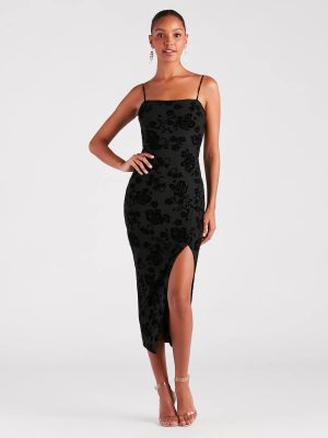 Classy Gal Flocked Floral Velvet Midi Dress