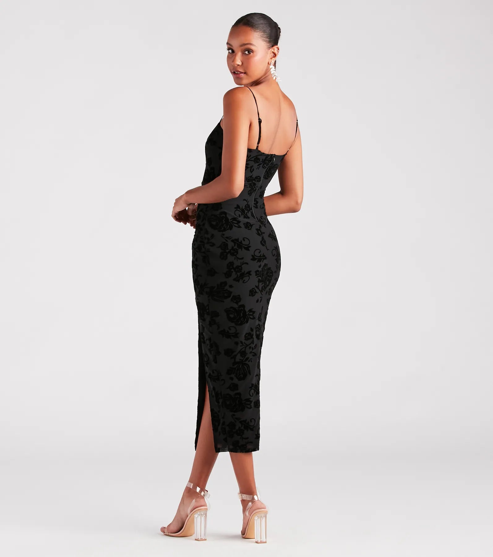 Classy Gal Flocked Floral Velvet Midi Dress - Image 2