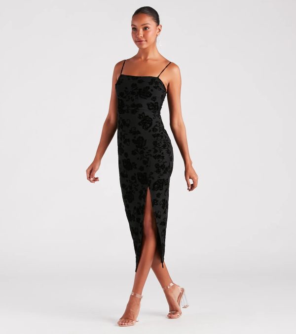 Classy Gal Flocked Floral Velvet Midi Dress - Image 3