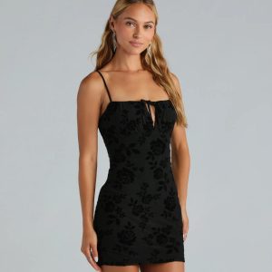 Buy Me Flowers Mesh Velvet Scoop Neck Mini Dress