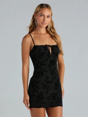 Buy Me Flowers Mesh Velvet Scoop Neck Mini Dress