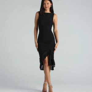 Casey Formal Mesh High Neck Ruffle Midi Dress