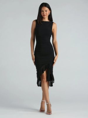 Casey Formal Mesh High Neck Ruffle Midi Dress
