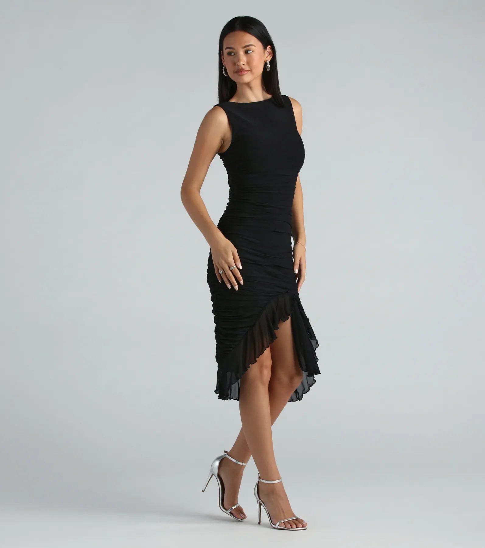 Casey Formal Mesh High Neck Ruffle Midi Dress - Image 3