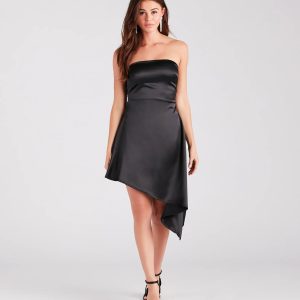 Chic Standout Satin Asymmetric Midi Dress