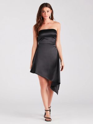Chic Standout Satin Asymmetric Midi Dress