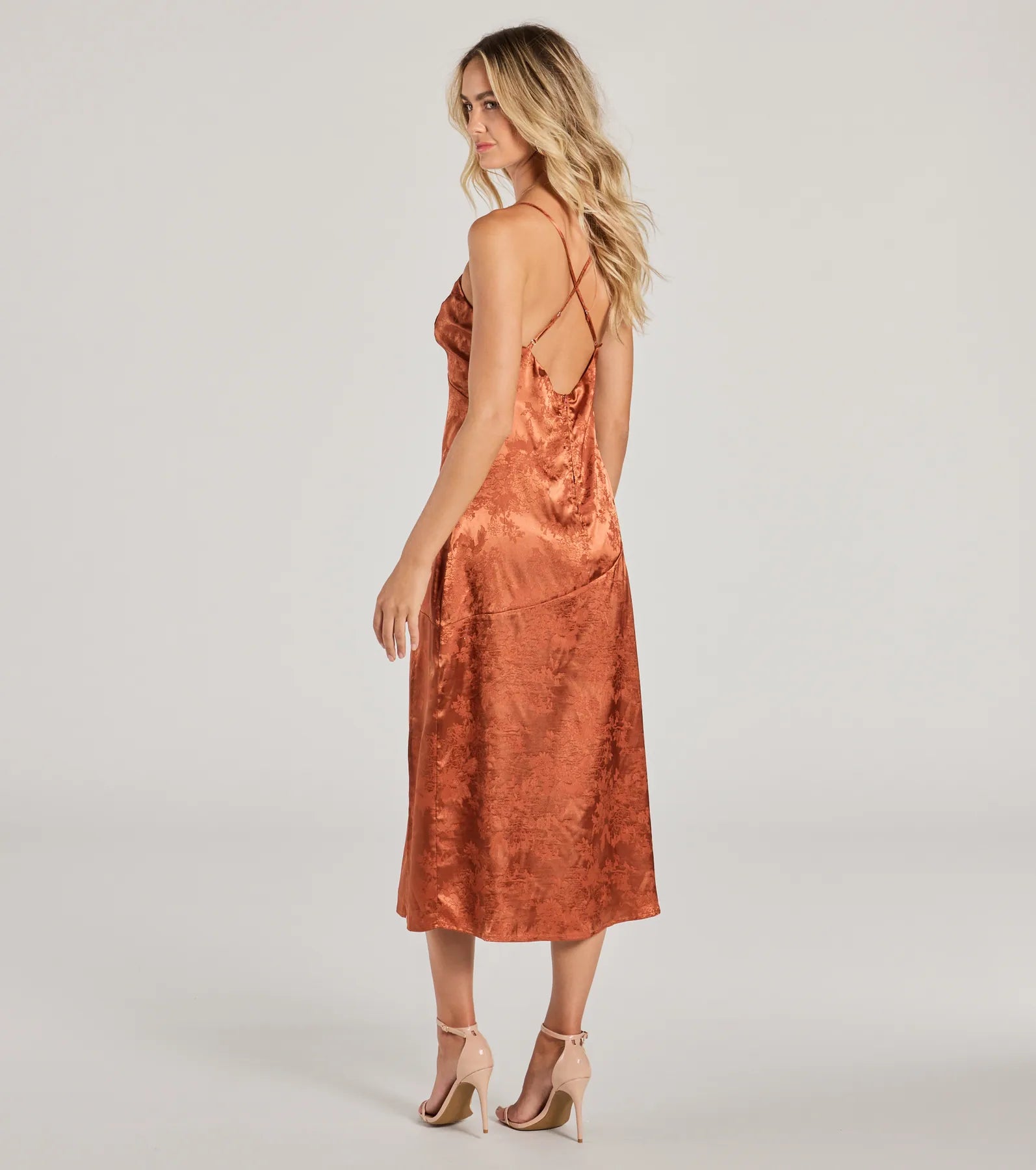 Chic Charm Floral Satin A-Line Midi Dress - Image 2