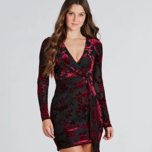 Vision In Velvet Pattern V-Neck Tie Mini Dress