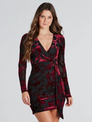 Vision In Velvet Pattern V-Neck Tie Mini Dress