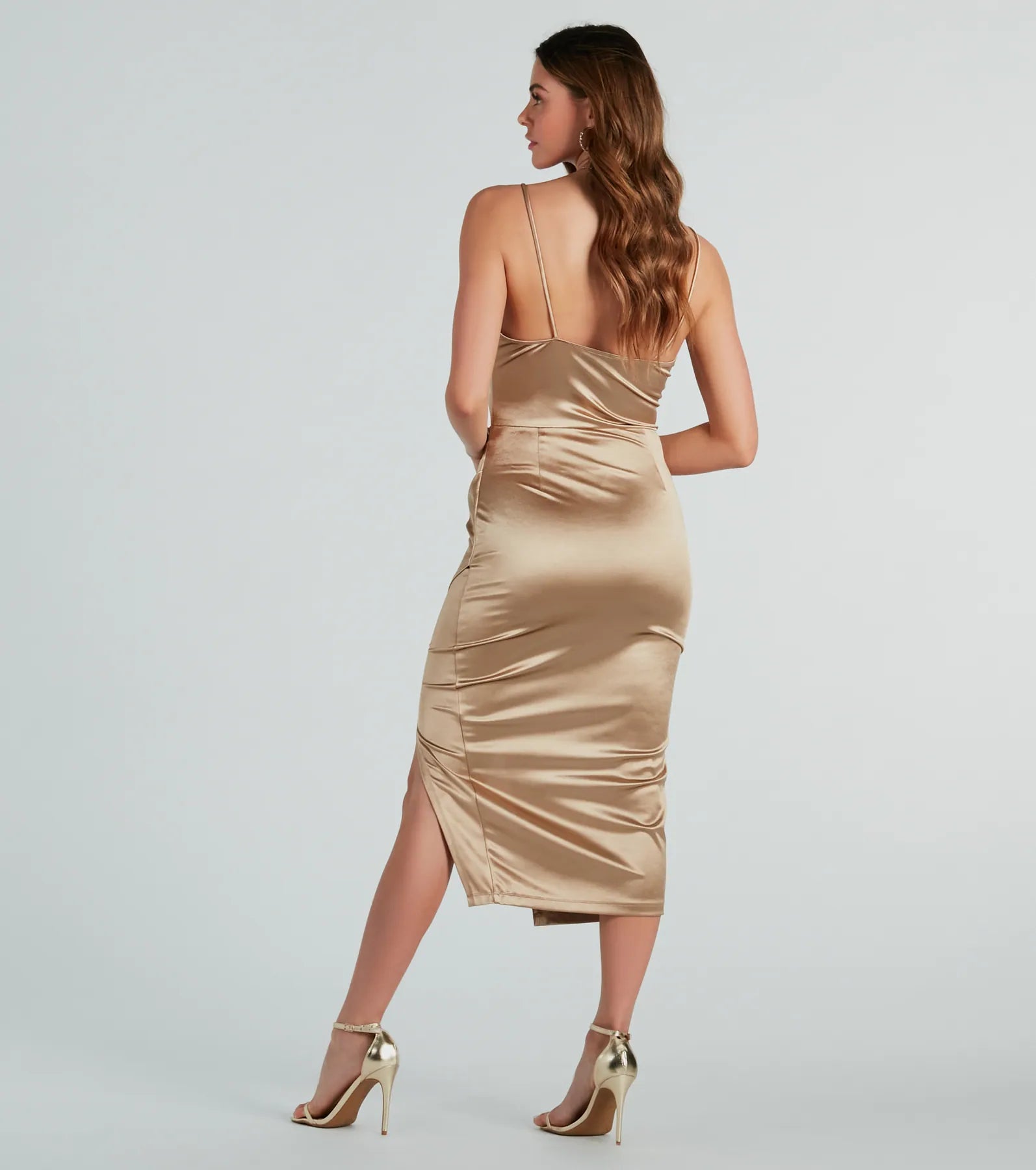 Classic Glamour High Slit Satin Midi Dress - Image 2