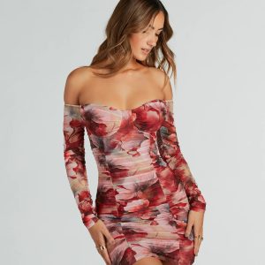 Bold Bloom Off-The-Shoulder Floral Mesh Mini Dress