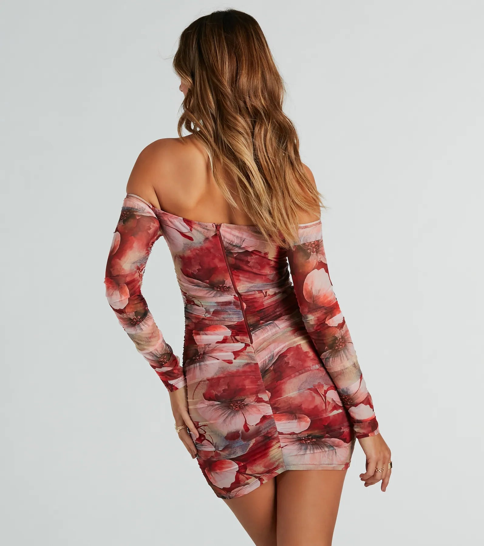 Bold Bloom Off-The-Shoulder Floral Mesh Mini Dress - Image 2