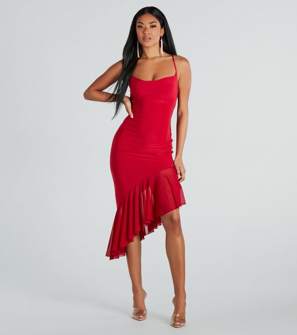 Timeless Allure Cowl Neck Mesh Ruffle Midi Dress - Image 3