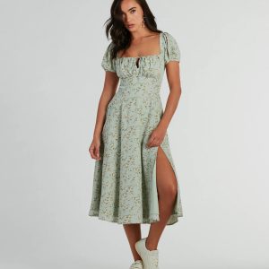 RSVP To Cute Ditsy Wildflower Tie A-Line Midi Dress