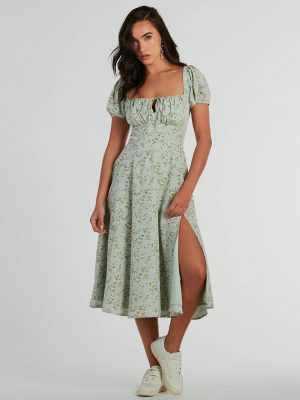 RSVP To Cute Ditsy Wildflower Tie A-Line Midi Dress
