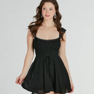 Dainty-Chic Lace-Trim Woven Corset Skater Dress