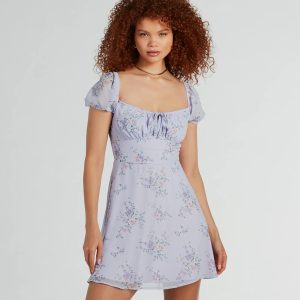 Sweetest Style Puff Sleeve Floral Chiffon Skater Dress