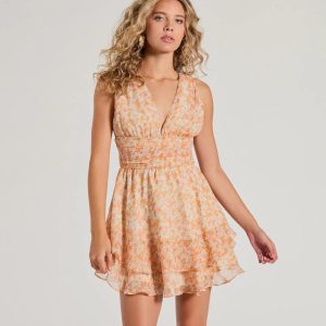 Sunny Style Floral Chiffon Tiered Skater Dress