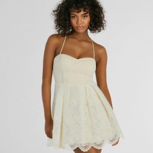Regal Chic Lace Up Tulle Embroidered Skater Dress
